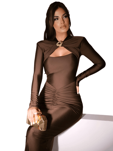 Hollow Out Long Sleeve Sexy Maxi Dress For Women Autumn Winter Metal Buckle Ruched Slit Long Dress Elegant, Drestiny, Maxi Dresses, Ankle Length Dresses, Brown Dresses, Long Sleeves, Long Sleeve Dresses, United States, Canada, Australia, New Zealand, United Kingdom, S, M, L, Brown, Dark Brown, Green Dresses, Green, Black Dresses, Black, Khaki, Khaki Dresses, 4, 6, 8, 10, shopdrestiny.com
